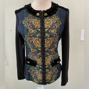 VINTAGE JUST B BLACK GREEN GOLD SEQUIN BEADED ZIP FRONT CARDIGAN SMALL STRETCHY